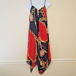 Miley+Molly Handkerchief Midi Dress Sz L Sheer Flowy Chain Print Beachy Coverup